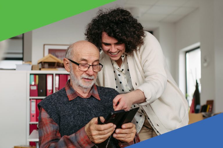 Man and lady looking at phone