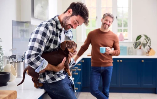 Men at home in kitchen stroking pet dachshund